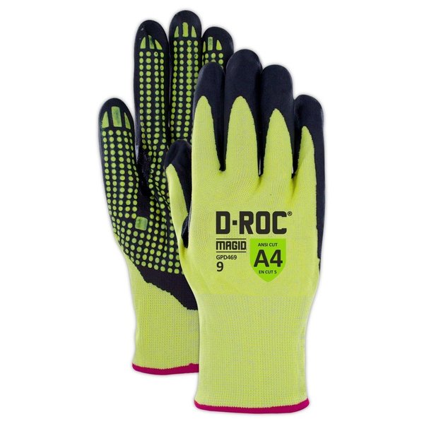 Magid D-ROC Hi-Viz Foam Nitrile Dotted Palm Coated Work Glove w/Thumb Saddle GPD4699